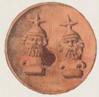LMP-42637 - Lampe Bustes des Dioscures, GABINIAterre cuiteLampe à anse verticale perforée ; sur le médaillon, bustes des Dioscures, barbus, coiffés du pilos surmonté d'une toile ; dessous, marque en creux GABINIA.