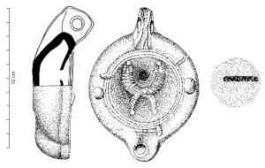 LMP-42646 - Lampe à bec rond, vernis plombifère : guirlandes, CIVNDRACterre cuiteLampe à bec rond, anse perforée ; sur le médaillon, deux guirlandes entrecroisées en X ; au revers, marque en creux CIVNDRAC.