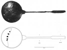 LOU-4002 - LoucheferTPQ : 300 - TAQ : 450Louche à large vasque; manche mince, parfois de section plate, ou seulement terminé par une partie aplatie pour faciliter la préhension. Présence assez fréquente d'un bec verseur latéral.