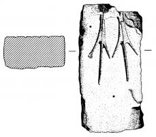 MOU-1013 - Moule : pointe de flèchepierreMoule en pierre, souvent bivalve (cales), avec une ou plusieurs empreintes d'armatures de flèches à soie et ailerons (v. PTF-1010).