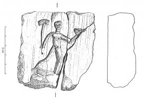 MOU-4055 - Moule : statuette, SucelluspierreTPQ : 200 - TAQ : 300Moule en marbre représentant Sucellus, debout, nu, de manière schématique, le maillet dans la main droite et une forme évasée dans la main gauche que l'on peut interpréter comme l'olla.