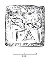 PDM-5039 - Poids quadrangulaire : Γ Δ (4 unciae)bronzeTPQ : 500 - TAQ : 700Plaque épaisse, de forme carrée, marquée sur une face de lettres incisées en double trait : Γ Δ (pour ΟΥΝΓΓΙΑ 4), parfois séparées par une croix ou une étoile.