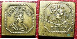 PDM-9010 - Poids monétaire : Autriche, souverain d'orbronzePoids quadrangulaire. Av : Tête de la reine à droite avec épaules richement vêtues, SOVERIN. Rv : Armoiries de Bruxelles, l'Archange Michel terrassant le dragon, lettres D et M ; BRUX. 