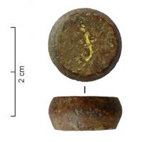 PDS-4428 -  Poids sphérique (section) : 1 semunciabronzePoids coulé, en section de sphère plus ou moins aplatie; marqué d'un S (pour 1 demi-once, ou semuncia).