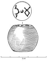 PDS-4497 - Poids sphérique (section) : 6 unciaebronzePoids en bronze coulé et remplissage de plomb, en forme de sphère à deux faces aplaties avec deux faces horizontales (en section de sphère) dont l'une marquée de lettres grecques incrustées ωυ[S] ; poids de 6 unciae, soit 1 semis.