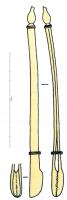 PEP-4043 - Pince - Groupe Hirt 3 - branches asymétriques, sans épaules, courbes, mors denticulés, ovales et latéralisésbronzePince formée de deux branches de section rubanée/plate soudées à un manche en balustre. Les deux branches, bien séparées dès leur départ et assez larges, peuvent être courbées latéralement. Les mâchoires sont dans ce cas déportées par rapport à l’axe du manche et placées obliquement par rapport à celui-ci. Les mors, denticulés et s'imbriquant parfaitement, sont rentrants, de forme ovale et latéralisés. On note la présence éventuelle d'une bague de blocage.