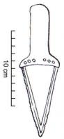 PGD-1012 - Poignard à languette non débordantebronzePoignard élancé à lame triangulaire, à languette large non débordante, peu arquée, percée de 4 à 6 trous de rivet disposés en arc de cercle. Le plus souvent, la lame est décorée de stries parallèles aux tranchants.