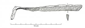 PLN-3001 - Plane ferOutil composé d'une lame rectangulaire étroite, avec à chaque extrémité une soie perpendiculaire, pour la fixation d'un manche en bois.