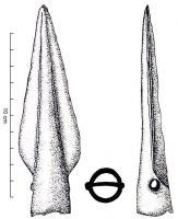 PTL-1011 - Pointe de lance à douille courtebronzePointe de lance de taille moyenne (longueur totale comprise entre 12 et 20cm), à douille courte pourvue de deux trous symétriques ; nervure médiane semi-circulaire; inornée.