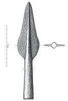 PTL-1019 - Pointe de lance à douille longuebronzeTPQ : -1300 - TAQ : -1100Grande pointe de lance (longueur totale comprise entre 20 et 37 cm), inornée, à douille longue, à deux perforations latérales; la partie de la douille située entre les aillerons est carénée.