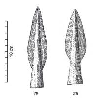 PTL-1029 - Pointe de lance à douille communebronzeTPQ : -1200 - TAQ : -750Pointe de lance de taille moyenne (longueur totale comprise entre 12 et 20 cm), à douille commune plus ou moins conique, sans caractéristique particulière, inornée.