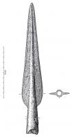 PTL-1034 - Pointe de lance à douille communebronzeTPQ : -1500 - TAQ : -750Grande pointe de lance (longueur totale comprise entre 20 et 37 cm), inornée, à douille commune percée de deux trous diamétralement opposés. La forme conique de la douille se prolonge jusqu'à l'extrémité de la pointe.