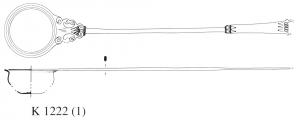 PUI-4002 - Puisoir de type Tassinari K.1122bronzeTPQ : 1 - TAQ : 75Puisoir dont la vasque et le manche sont dans un même plan; variante à manche plat et en deux parties, l'extrémité plus large énat ornées de triangloes incisées (anneau de suspension en D); vers la vasque, décor symétrique gravé avec souvent des peltes ajourées.