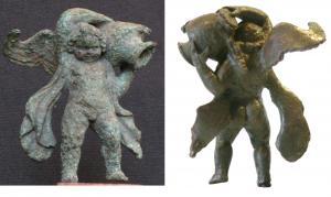 STE-4244 - Statuette : Eros - AmourbronzeAmour est figuré sous les traits d'un jeune garçon potelé, nu, coiffé d'un corymbe et pourvu de deux ailes entre les épaules; il élève devant son épaule gauche une urne dont il semble verser le contenu.