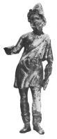 STE-4396 - Statuette : Héphaïstos - Vulcain deboutbronzeTPQ : 1 - TAQ : 300Le dieu est représenté sous les traits d'un homme d'âge mûr, debout. Il porte le pilos et l'exomis qui découvre l'épaule droite et symbolise ses attributions artisanales. Les deux mains, portées vers l'avant tenaient des outils disparus.