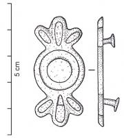 APH-4102 - Applique de harnais émailléebronzeApplique émaillée en forme de fleuron, motif central en couronne, symétriquement accosté de trois pétales allongés divergents ; émaux champlevés ; au revers, deux boutons pour fixation sur cuir.
