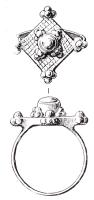 BAG-7022 - Bague à chaton losangiquebronze doréBague à anneau mince, sur lequel est rapporté un chaton en forme de losange à côtés concaves, orné de gravures et de globules.