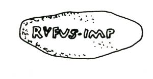 BAL-3018 - Balle de fronde : RVFVS.IMPplombBalle de fronde coulée dans un moule, inscription en relief : RVFVS.IMP.
