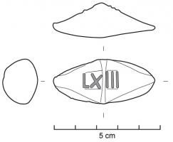 BAL-3024 - Balle de fronde : LXIIIplombTPQ : -45 - TAQ : -45Balle de fronde coulée dans un moule, inscription en relief dans un cartouche : LXIII (legio XIII), sans point de séparation.