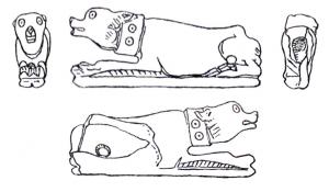 CNF-4016 - Canif : chien couchéos, ferCanif à manche sculpté représentant un chien couché, une proie entre les pattes antérieures; un collier orné de cercles oculés est parfois figuré.