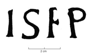 COV-4449 - Tuile estampillée ISFPterre cuiteTPQ : -30 - TAQ : 200Tuile (imbrex) estampillée ISFP, en creux, sans cartouche.