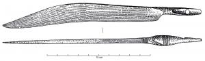 CTO-1050 - Couteau à soie perforéebronzeTPQ : -1100 - TAQ : -900Couteau à soie cylindrique ou conique, aplatie ou creusée en partie proximale pour l'aménagement d'un trou de rivet. Le dos du couteau présente souvent un décor gravé qui déborde sur une partie de la soie, pouvant même représenter une fausse virole.