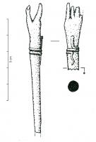 EPG-4123 - Épingle à sommet orné : main avec braceletosEpingle dont le sommet figure une main droite, souvent traitée de manière réaliste, avec autour du poignet un serpent en spirale.