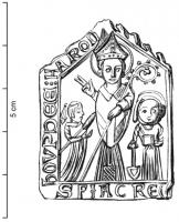 ESP-9071 - Enseigne de pèlerinage : saint Faron saint FiacreplombEnseigne de forme architecturale ; saint Fiacre en évêque, portant la mitre, crosse tournée vers l'extérieur, bénit le spectateur alors qu'une femme avec quenouille (Houpdée) se tient à sa droite; à sa gauche, personnage nimbé, tenant une bêche. Légende en bas, SFIACRE; au dessus du personnage central, H  FARON. A gauche, HOUPDEE.