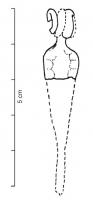 FIB-3919 - Fibule de NauheimbronzeFibule de Nauheim (soit à ressort à 4 spires et corde interne, porte-ardillon trapézoïdal ajouré) à arc rubané triangulaire. Le décor présent sur la partie de l'arc prend la forme de petits filets pointillés.