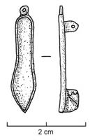 FIB-4138 - Fibule skeuomorphe : semellebronzeFibule en forme de semelle, émaillée ; variante surmontée d'un anneau, d'un bouton ou d'un petit disque (émaillé).