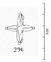 FIB-41522 - Fibule cruciformebronzeFibule à charnière de type i. L'objet prend la forme d'une étoile à 4 branches. Celles-ci peuvent adopter des décors variés, des extrémités bouletées ou non.