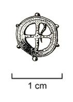 FIB-41873 - Fibule géométrique platebronzeFibule plate, dont la charnière disposée au revers comporte deux plaquettes coulées reliées par un axe en fer, en forme de rouelle à quatre fins rayons. L'épaisse jante est ornée de deux rangées de pointillés, et elle est bordée de six protubérances latérales.