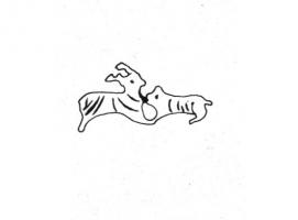 FIB-4299 - Fibule zoomorphe, groupe : chien et cerfbronzeFibule zoomorphe représentant un groupe : chien attaquant un cerf à la gorge; les corps plats des animaux sont étamés et creusés de traits parallèles niellés.