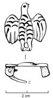 FIB-4569 - Fibule zoomorphe : aiglebronzeAigle aux ailes déployées, seule la tête est traitée en relief détaché ; sur les ailes et sur le corps, incisons en petits arcs de cercles, niellées.