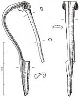FIB-4834 - Fibule à charnièreferFibule à charnière ; l'axe est maintenu par une tête enroulée en spirale ; arc portant une moulure longitudinale jusque sur le porte-ardillon.