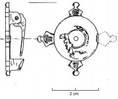 FIB-4862 - Fibule géometrique platebronzeFibule circulaire possédant pour charnière, au revers, deux plaquettes reliées par un axe en fer; le décor se compose au centre d'un simple cercle pointé, et sur le pourtour, de 4 appendices ciselés.