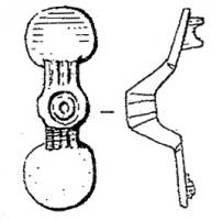 FIB-5103 - Fibule symétrique anséebronzeFibule ansée composée de deux appendices symétriques élargis de forme circulaire, autour d'un arc épais, parfois rubanné, aplati au sommet ou orné d'un bouton; aucun autre décor.