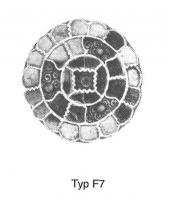 FIB-5259 - Fibule cloisonnée Vielitz F7argent, orFibule cloisonnées sur trois registres imbriqués. Au centre, les cellules alternent des filigranes et des pierres.