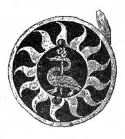 FIB-6041 - Fibule émailléebronzeFibule circulaire émaillée avec, dans un disque entouré de rayons lumineux, un cygne soutenu par une crosse abbatiale.