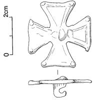 FIB-6093 - Fibule cruciformebronzeFibule en forme de croix latine, à branches égales ou non, légèrement pattées, surface lisse. Au revers, ressort en fer sur plaquette.