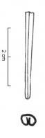 LAC-9002 - Extrémité de lacetbronzeArmature tubulaire pour extrémité de lacet (aiguilette) : mince tube ouvert sur toute la longueur (Ø de l'ordre de 3mm), souvent généralement décroissant d'une extrémité à l'autre. Type avec rivet ou au moins un enfoncement du tube dans l'épaisseur du lacet.