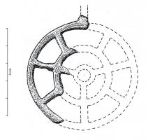 PDQ-1049 - Pendeloque en rouellebronzeTPQ : -900 - TAQ : -750Pendeloque en forme de rouelle à rayons réunissant trois cercles concentriques ; tige surmontée d'un anneau de suspension.
