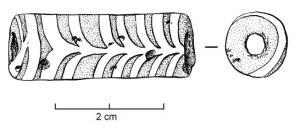 PRL-4126 - Perle cylindrique à décor de plumesverrePerle cylindrique sombre à décor marbré en forme de plume, sans filets terminaux.