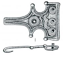 AGC-2021 - Agrafe de ceinture ibérique à 1 crochetbronzeCrochet de ceinture de type ibérique, à un crochet ; le décor est constitué de fils rapportés, en relief sur le corps de l'objet.