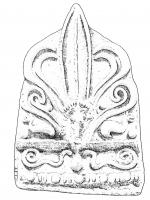 ANT-4022 - Antéfixe : palmette à 5 branches sur serpentsterre cuiteAntéfixe en forme de palmette à 5 branches ; registre inférieur avec deux serpents affrontés autour d'un objet sphérique ou ovoïde.