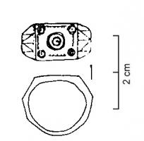BAG-4304 - BaguebronzeBague volumineuse à épaule large, anneau polygonale. Le chaton est marqué par un simple aplat quadrangulaire et comporte un décor d'ocelles et d'incisions.