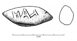BAL-3012 - Balle de fronde : HATplombBalle de fronde coulée dans un moule, inscription lettres grecques et en relief : HAT, ou [[HAL]].
