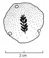 BLC-4009 - Plateau de trébuchet : palmebronzePlateau de trébuchet, de taille modeste, percé de 3 trous de suspension et portant une marque estampée : palme aux feuilles symétriques.