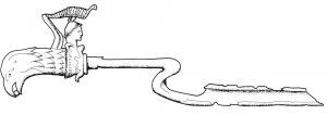 BOU-4001 - Boutoirbronze, ferInstrument destiné à soigner la corne des chevaux, et comprenant une lame plate, prolongée par un manche en S et une poignée de bronze ; celle-ci comporte généralement une tête d'aigle, au bec crochu, surmontée d'une tête de Minerve casquée.
