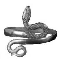 BRC-4116 - Bracelet spiralé serpentiformeorBracelet en spirale figurant le corps entier d'un serpent (un tour ou plusieurs juxtaposés, de section plate ou massive), avec la tête très détaillée et les écailles représentées sur le haut du corps ; les yeux peuvent être incrustés de verre noir.
